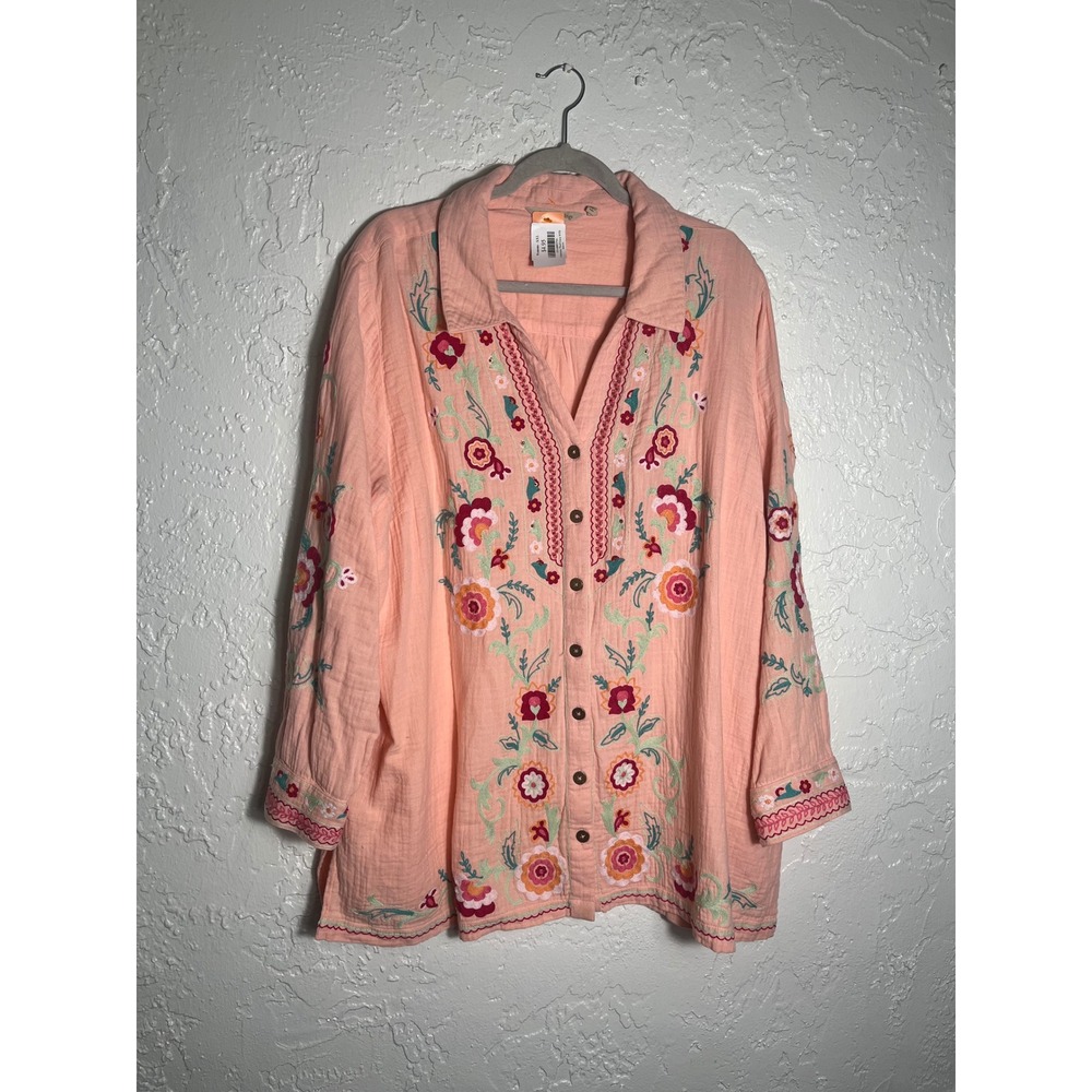 Soft Surroundings Altura Tunic 3X Coral Floral Embroidered Gauze Boho Blouse - Picture 1 of 6